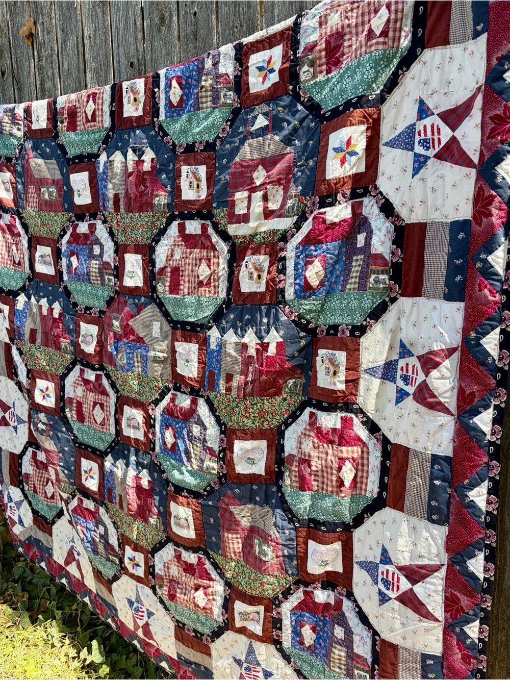 Vintage Snowball Block House Quilt 80x80 Handmade Cutter Quilt with Cross Stitch